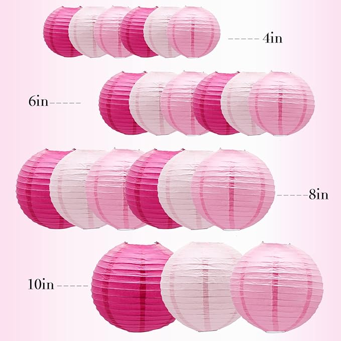 ADLKGG Pink Paper Lanterns Decorative, Hanging Round Paper Lanterns Indoor Outdoor for Graduation Wedding Birthday Baby Showers Decorations, 21pcs