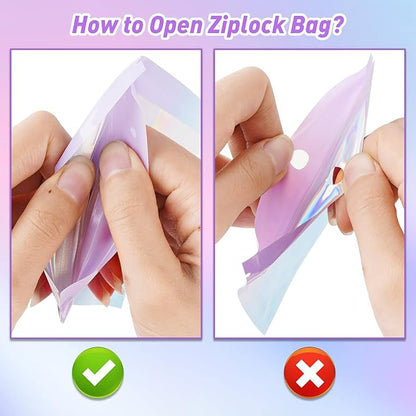 Funfery 100 Pack Mylar Holographic Bags,Clear Window Smell Proof Foil Bag Seal Pouch Resealable Bags with Zipper,Packaging Bag for Food Storage,Jewelry,Business Supplie(3.1×5.1in,Purple Blue)