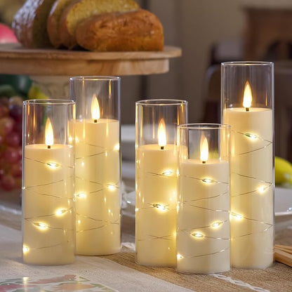 Ivory Flameless Candles with Remote and String Light, 2.2"x 5",5",6",7",7",8" LED Battery Operated Plastic Flickering Timer Pillar Candles(Pack of 6,Turn On/Off String Light Mode)