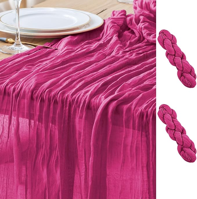 Asee'm 2pcs Cheesecloth Table Runner 120 Inches Long Fuchsia Boho Gauze Cheese Cloth Runner 10FT Rustic Sheer Table Runners for Christmas Wedding Party Baby Shower Spring Easter Decoration