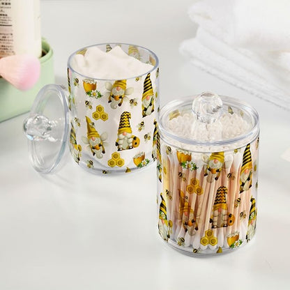 Qtip Holder Dispenser 2 Pack Gnome Bees Flying Dwarf Daisy Apothecary Jars with Lids Bathroom Vanity Countertop Canister Storage Organizer for Cotton Ball,Swabs,Pads,Floss