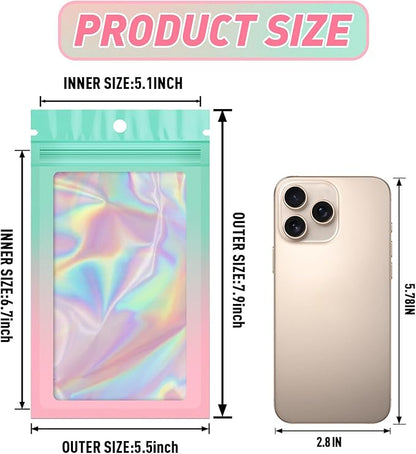 Funfery 100 Pack Gradient Holographic Bags,Mylar Resealable Bags with Zipper,Clear Window Packaging Pouchs,Smell Proof Bag for Food Storage,Sample Jewelry Bag(5.5x7.9In,Green Pink)