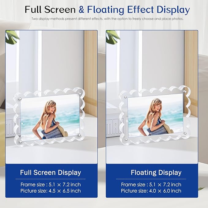 Scalloped Magnetic Picture Frame 4x6 Inch - 2Pack Clear Acrylic Photo Frame, 20mm Thick Double-Sided Magnet Design, Trendy Desktop Display for Home/Office Decor (2 Pack, 4X6)