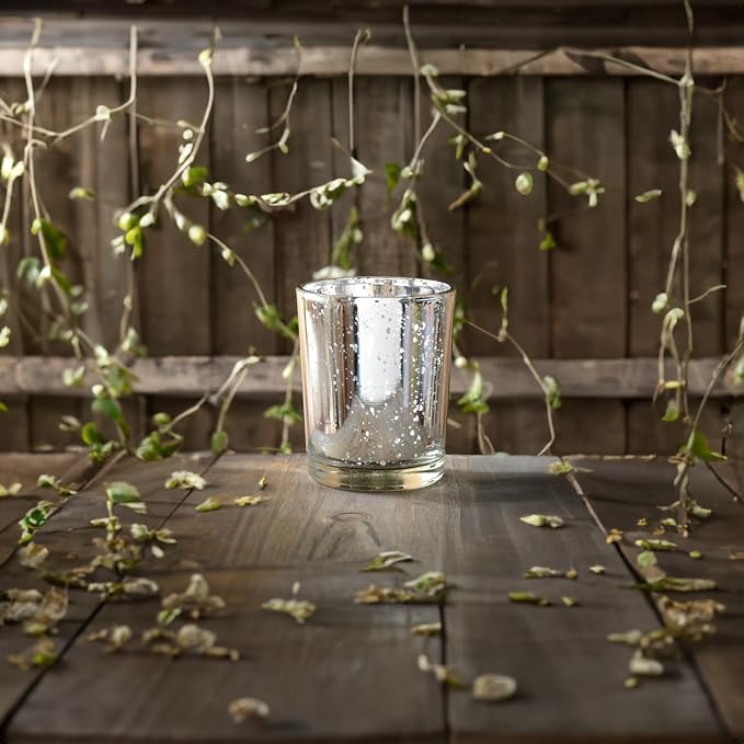 WGV Silver Speckled Tea Light Votive Candle Holder 2.2x2.75, Small Tiny Utility Cylinder Mercury Glass Vase, Home Accent Decor, 24 Pieces