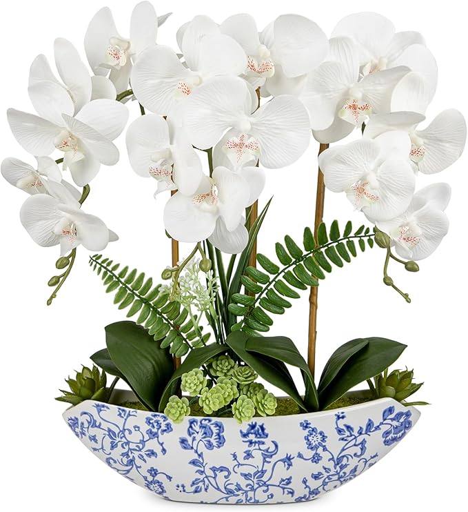 Briful Orchid Artificial Flowers 18in White Fake Orchid Silk Flowers with Blue and White Ceramic Vase Faux Orchid Arrangement for Home Office Room Coffee Table Centerpiece Modern Decor