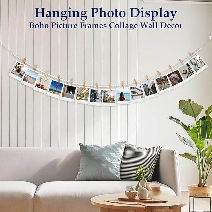 Hanging Photo Display Wall Decor with 45 Wood Clips, 67 Inches Boho Wooden Bead Garland Collage Picture Frame Photos String DIY, Photo Hanger for Bedroom Office Dorm Room Decor Gifts(3PCS)