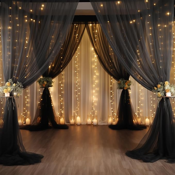 10x10ft Sheer Black Backdrop Curtains for Parties, Tulle Wedding Arch Draping Fabric Photo Background for Birthday Party Halloween Decorations