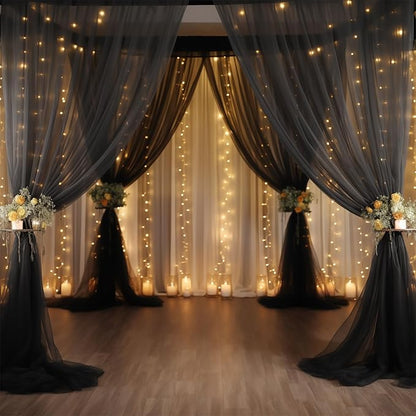 10x10ft Sheer Black Backdrop Curtains for Parties, Tulle Wedding Arch Draping Fabric Photo Background for Birthday Party Halloween Decorations