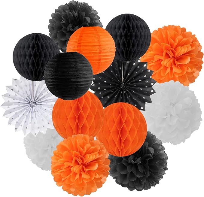 Black Orange White Halloween Party-Decorations - 14pc Kit Paper Lanterns Fan,Tissue Flower Pom Poms Streamers,Honeycomb Balls,Graduation 2024 Birthday Wedding Baby Bridal Shower Decor Lasting Surprise