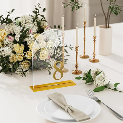 Arch Wedding Table Numbers 1-10 with Stands, Elegant Gold Number 5.5 x 7” Arch Acrylic Signs with Holders, Clear Acrylic Table Numbers for Wedding Reception, Anniversary, Party, Events