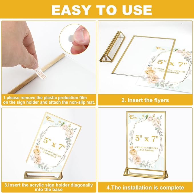 EHWINE 12 Pack Acrylic Sign Holder 5 x 7, Double Sided Gold Picture Frame Stand up Table Top Sign Holders, Clear Display Stand Menu Flyer Holder for Wedding Party (Provide Non-slip Mats)