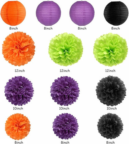 Black Purple Orange-Green Halloween Party-Decorations - 20pcs Paper Lanterns Fans,Tissue Pom Poms,Honeycomb Balls,Hotel Transylvania Hocus Pocus Birthday Baby Bridal Shower Wedding Decor Burgleda