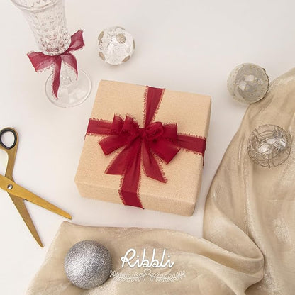 Ribbli Dark Red Ribbon 1 Inch x 3 Rolls Total 24 Yards Handmade Fringe Chiffon Silk Ribbon for Wrapping Wedding Invitations Bridal Bouquets DIY Crafts Home Decor