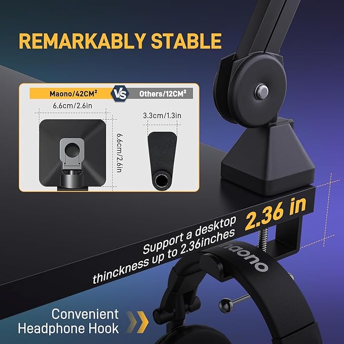 MAONO Microphone Boom Arm: Heavy Duty Adjustable Metal Suspension mic stand with Upgraded Desk Clamp and 3/8" to 5/8" Screw Adapter for Podcasting Recording Streaming Gaming - BA37