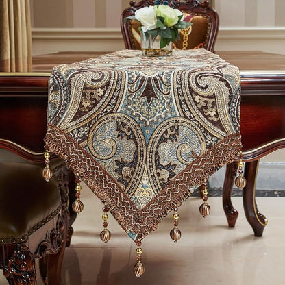Luxury Vintage Design Table Runners 108 inches long Embroidery Jacquard Fabric with Multi-Tassels table runners for Dining Room Dresser Wedding holiday Party fireplace Decorations (Coffee, 12X108inch)