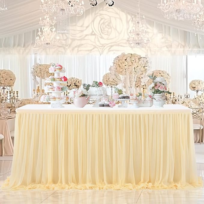 9ft Champagne Table Skirt for Weddings Table Cloth Elegant Tutu Table Skirt Cover for Birthday Party Baby Shower Dessert Buffet Banquet Decorations