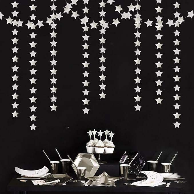 Glitter-Silver Party-Decorations Star Christmas Garland - 62ft Birthday Twinkle Little Star Hanging Streamers Banner,Bachelorette Engagement Wedding New Years Supplies Decor Hugtmr