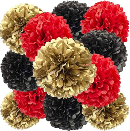 We Moment Black,Red and Gold Paper Pom Poms Decorations for Wedding Birthday Party Decoration Ceiling Wall Hanging Tissue Flowers Decorations 12pcs,3 Colors of 12 Inch, 10 Inch