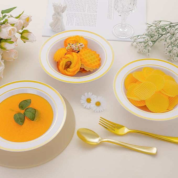 50 Pack Disposable Soup Bowls with Gold Rim,12oz Disposable Soup Bowls,Disposable Soup Dessert Salad Bowls for Wedding/Party/Catered Events