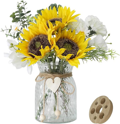 Artificial Sunflower Bouquets in Vase with a Flower Arrangement Holder - Centerpieces for Dining Room & Coffee Table Decor