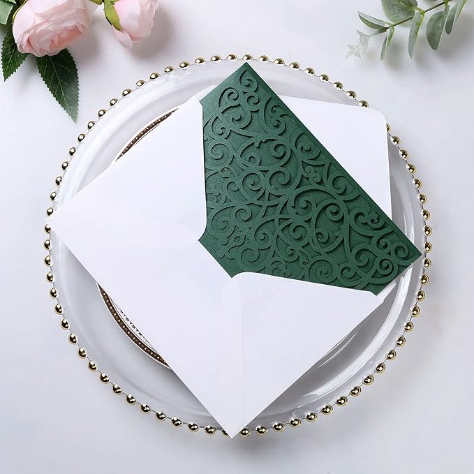 PONATIA 5.12 x 7.2 Emerald Green Laser Cut Invitation Cards, 20PCS Tri-Fold 5 x 7 Trifold Wedding Invitation Cards Pockets with Envelopes for Wedding Bridal Shower Engagement Birthday Quinceanera