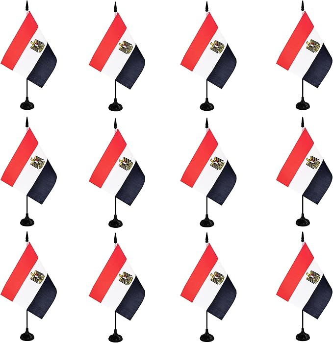 Egypt Desk Flag, 12 Pack Egyptian Table Office Flag with Black Solid Pole and Stand Base, International Country Flag, Festival Celebration, Classroom Meeting Desktop Decor (Egypt)