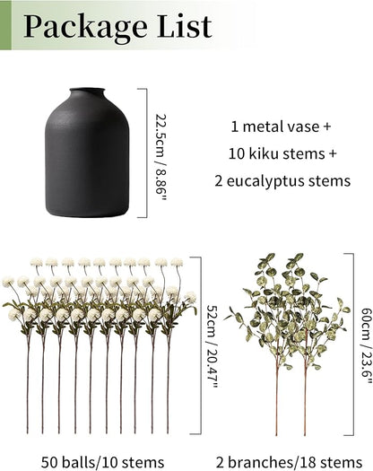 BLOSMON Fake Flowers in Vase for Centerpieces: Metal Vase with 12 Stems of Artificial Mums Kiku Flowers Eucalyptuses Home Table Decor - White Faux Pom Poms Floral Arrangements for Living Room