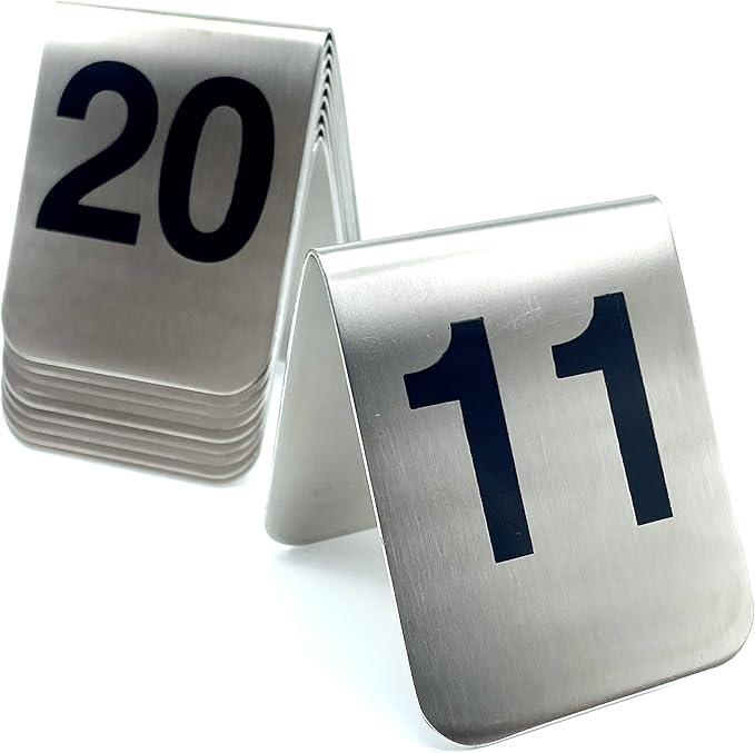 10 Pcs Metal Place Cards Stackable Tent Style Table Numbers，Place Card Holders for Celebration Wedding Party Restaurants Cafes Bars Gatherings meeting Room Board Game Serial (Medium 11-20, Black)