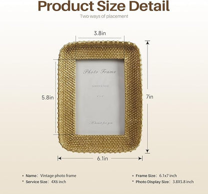 Cuspin 4x6 Picture Frame Vintage Gold Metal Rattan Textured Hand-Crafted Photo Frame with Glass Front, Antique Picture Frame for Tabletop Display & Wall Display, Retro Design Home Decor