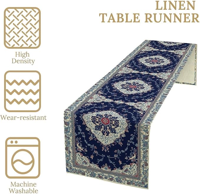 Elegant Palace Boho Blue Table Runner Vintage French Style Farmhouse Geometric Home Farmhouse Kitchen Table Dining Coffee Room Garden Party Wedding Decor 13x108in