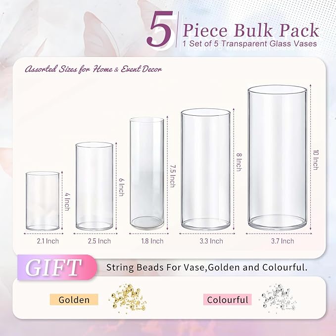 5pcs Glass Vase Cylinder Vases for Centerpieces Small Flower Glass Vases Home Decor Centerpiece Table Clear Flower Vase Decorations for Wedding＆Holiday 4,6,7.5,8,10 Inch Tall