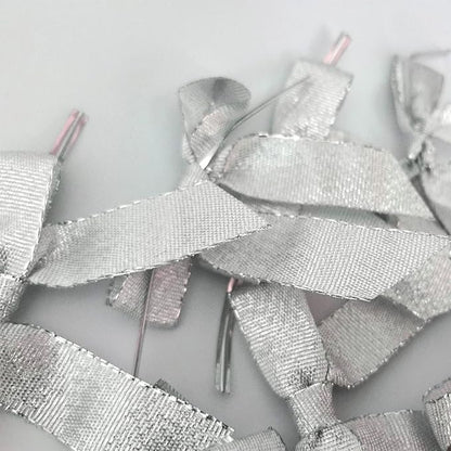 50pcs 2-1/2" Metallic Satin Silver Bows for Crafts Pretaied Christmas Bows with Twist Ties Hot Cut Tails for Christmas Decoration (Silver)