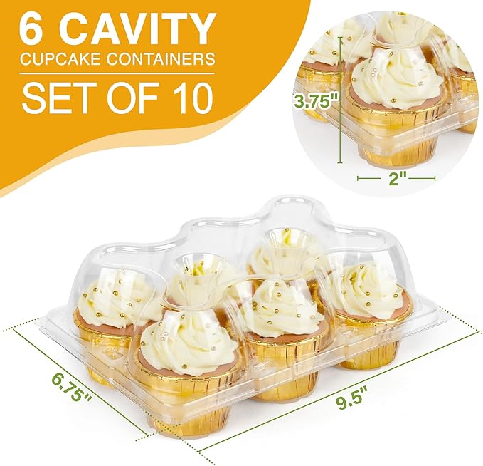 LotFancy Cupcake Containers 6 Count, 10 Sets, Clear Plastic Cupcake Boxes, Disposable Cupcake Carriers with Detachable Tall Dome Lid, BPA Free, Standard Size