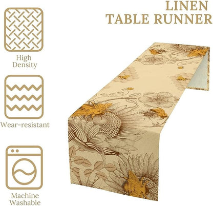 Vintage Bee Table Runner, Rustic Retro Wildflowers Print Home Farmhouse Table Cover for Party Indoor Outdoor Decoration Kitchen Dining Table Decor, 13x90inch