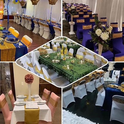 Sequin Chair Sashes Stretch Chair Bands Spandex Polyester Bows for Party Hotel Wedding Banquets Decoration - 6 Pcs Royal Blue