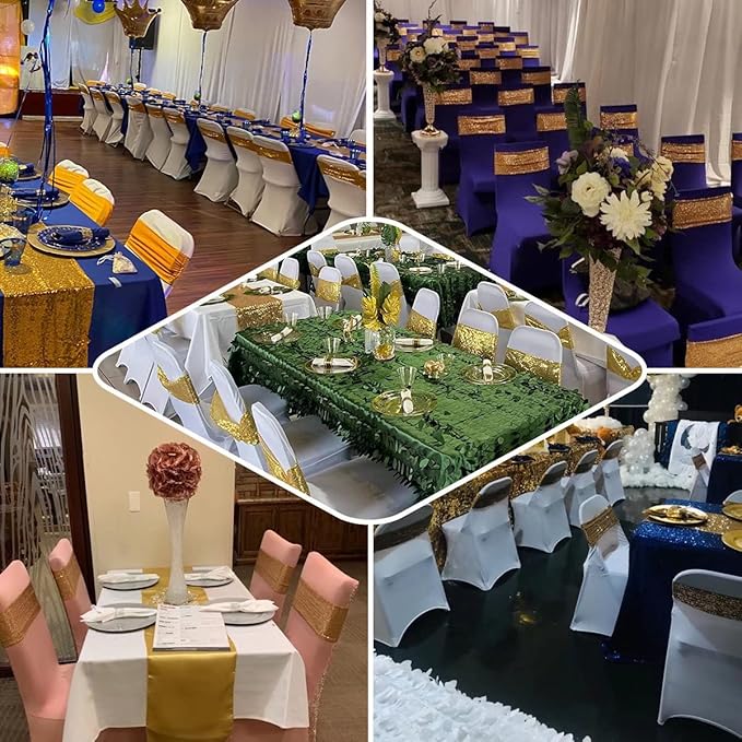 100 Pcs Chair Sashes Sequin Stretch Chair Bands Spandex Polyester Bows for Party Hotel Wedding Banquets Decoration - Coffee