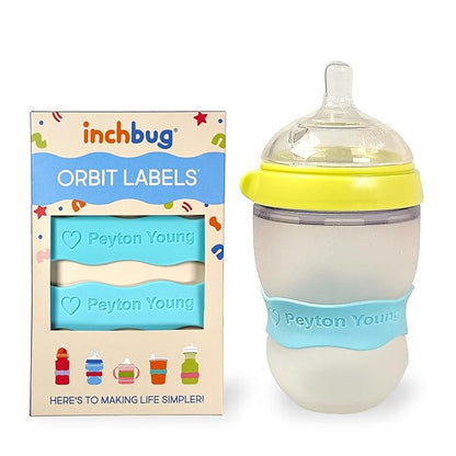InchBug Orbit Labels - Baby Bottle Name Labels for Daycare, Sippy Cup Bands - Engraved Silicone, Reusable, Dishwasher Safe, Matching Color Personalization, 4-Pack (Tropical Lagoon)