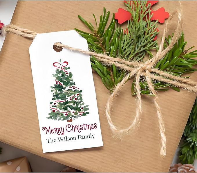 50pcs Custom Merry Christmas Gift Tags Personalized with Your Family Name and Year, Unique Santa Christmas Tree Design Hangtag Party Decorations (Rectangle Tag)