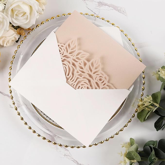 50pcs Tri-Fold Laser Cut Invitation with Envelope Blank Inner Sheets RSVP Cards Personalized Wedding Invitations for Bridal Shower QuinceañEra Engagement Birthday Invites 5X7 Inch Blush Pink