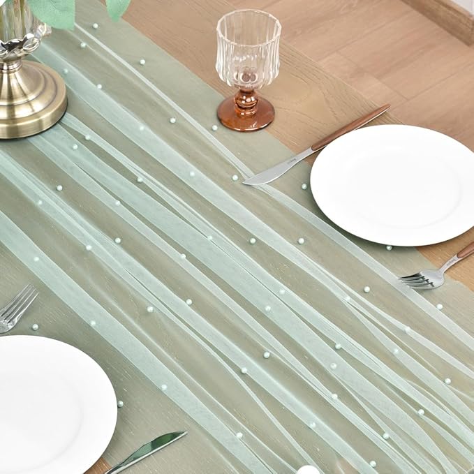 Joanlody Fall Pearl Table Runner 10ft Rustic Boho Tulle Table Runner with Pearls for Baby Shower Wedding Party Veil Dessert Thanksgiving Table Decor Sage Green 4pcs