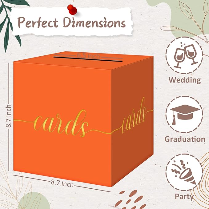 QIKSION Orange Graduation Card Box, Gold Foil Gift Card Box for Party, Graduation, Wedding Reception, Birthday, Baby Shower, Raffle