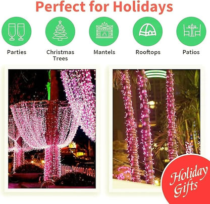LAMPHOME 66ft Christmas Decorative Mini Lights,200 LED Transparent Wire Fairy Starry String Lights Plug in, 11 Lighting Modes, for Indoor Outdoor Xmas Tree Wedding Party Decoration (Pink)