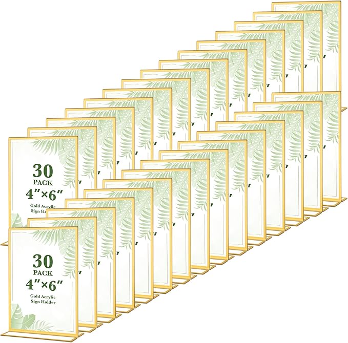 30 Pack 4x6 Gold Acrylic Sign Holders, Double Sided Clear Frames for Wedding Table Numbers, Menu Displays, Photo and Art Showcase for Restaurant, Office, Events