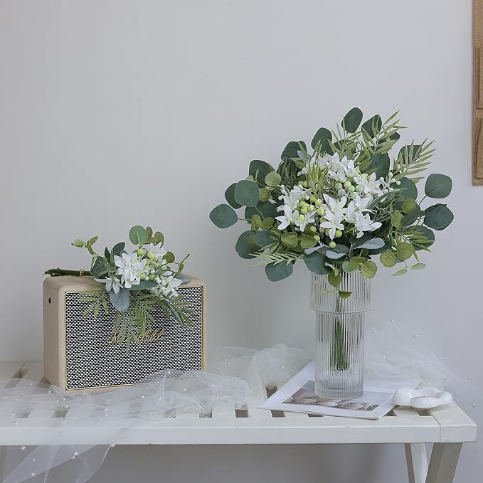 FOTEEWL 75 Pcs Artificial Greenery Stems Box Set,with 8 Kinds of Faux Plants and Fake Flowers for DIY Bridal Bouquets Wedding Floral Arrangement Table Centerpieces Decoration (Sage Green)