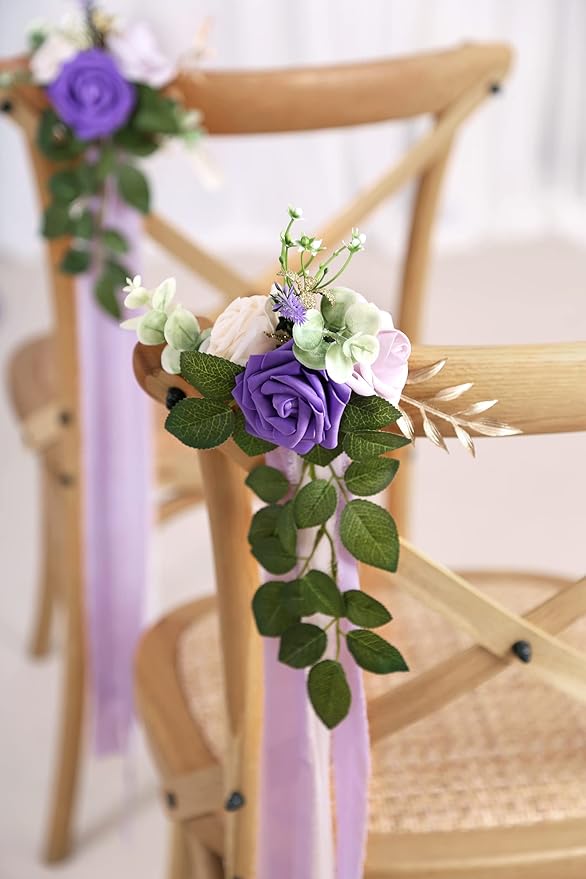Wedding Aisle Decorations for Wedding Ceremony Set of 10 Pew Flowers for Church Chair Decorations Party Decor with Artificial Flowers Eucalyptus and Ribbons Purple