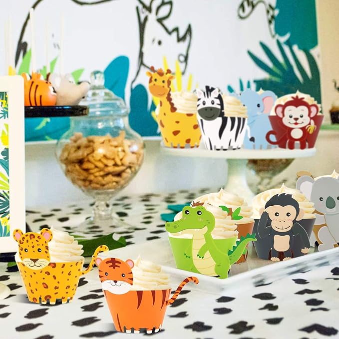 48 Pcs Jungle Safari Animal Cupcake Wrappers Wild Party Cake Decorations Jungle Wild Cake Wrappers for Baby Shower Birthday Themed Decorations Safari Party Supplies