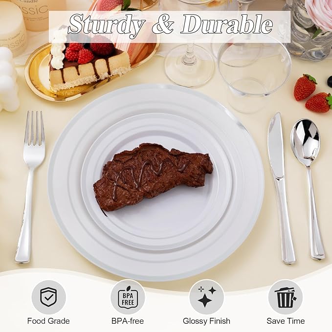 100PCS Silver Plastic Plates Set, 50 10.25 inch Dinner Plate and 50 7.5 inch Dessert Plates, Premium Disposable Plates for Party, Wedding