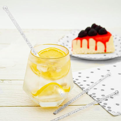 100-PCS Silver Glitter Plastic Swizzle Sticks, Crystal Cake Pops, Cocktail Coffee Drink Stirrers, Stir Sticks, 7.24 Inch