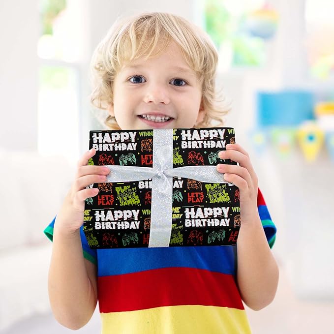 Aimyoo Gaming Birthday Wrapping Paper Roll - 17 Inch X 32.8 Feet - Black Happy Birthday Video Game Pattern Gift Wrap Paper for Boys Party, Baby Shower, Holiday