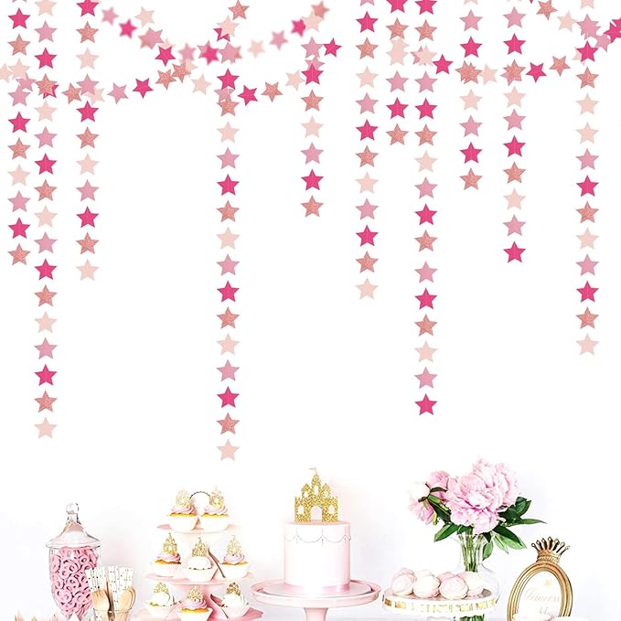 Hot-Pink Rose-Gold Party Decorations Garland - 62ft Twinkle Little Star Hanging Streamers Banner,Birthday Wedding Bridal Baby Shower Bachelorette Engagement Decor Hugtmr